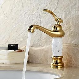 InArt Gold Finish Basin Pillar Cock Tap Faucet for Wash Basin, Hot & Cold Water Mixer, Single Handle, Waterfall Design, Table Mount/Deck Mount (Gold White 5)-8