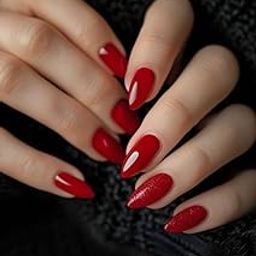 Set Of 14Pc, Glossy Cherry Red Press-on Nails, Short Almond Shaped, Glitter Accent With Free Glue Kit-image-60