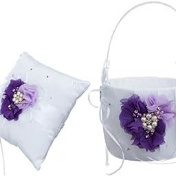 Wedding Ring Pillow and Flower Girl Basket Set Crystal Pearls Purple Flower-image-26