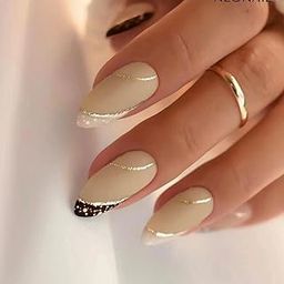 Secret Lives Matt Reusable Artificial Fake Nails Set Nude Brown Color with Golden Glitter White & Black Color Design Press on Nails 24 Pieces with Kit-31