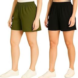 UNICUS Apparel Women's Solid Shorts (Combo Pack of 2)(Black::Green,XS)-image-62