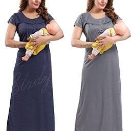 Women Soft Hosiery Cotton Maternity Gown Nursing Feeding Nighty Pre and Post Pregnancy with Concealed Zip, Self Design - Full Length - Free Size-image-86