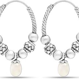 925 Sterling Silver BIS Hallmarked Antique Hanging Pearl Bali Hoop Earrings for Women and Girls-4