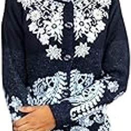Women's Floral Knit Cardigan, Grey with Light Blue Snowflake Pattern, Button-Front Sweater-image-95
