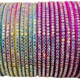 Traditional Silver-Plated Glass Bangles Set for Women, Multi-Colour Crystal Design, 24 Pieces, Round Shape-image-84