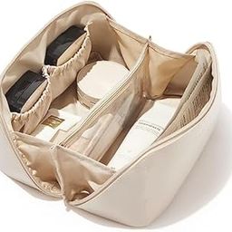 BUYORY Large Capacity Cosmetic Travel Bag For Women, Portable Light Pu Leather Makeup Pouch, Wide Opening Cosmetic/Makeup Organizer, Cosmetic Zipper Pouch, Make Up Bag ,11 Cm(White)-17