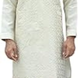 Men Silk Blend Geometric Embroidered Mandarin Collar Sequinned Work Kurta with Elastic Waistband White Pyjama-image-16