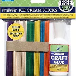 Little Birdie Itsy Bitsy Colored Ice Cream Sticks for Craft 50 pcs with 60ml Glue | Coloured Sticks for Arts, Crafts, DIY | Straight Edge Sticks | Popsicle Sticks | Ice Cream Stick 114 x 10 x 2mm-5