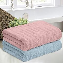 haus & kinder 100% Cotton Zero Twist 2 Piece Bath Towel Set, Highly Absorbent, Large Size Super Soft Coral Fleece Bathing Towel for Men, Women, Hote & Spa - 530 GSM, Sky Blue & Blush-80