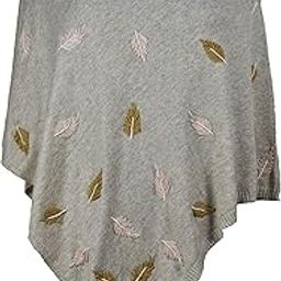 Women Himalyan Cashmere Wool Embroidery Poncho Pearls and Wool Leaves, Light Beige, Multicolor-picture-0