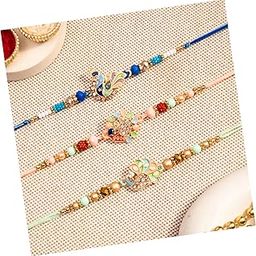 Set of 3 Colorful Designer Rakhi for Brother with Roli Chawal Pack - Elegant Handmade Rakhis with Peacock Motif, Delicate Beads & Thread Work, Traditional Rakshabandhan Gift for Bhai, Bhaiya-15