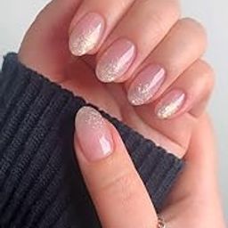 Set of 14pc, Press-On Nails, Short Round Base Pink with Silver Glitter Glossy Finish, With Free Glue Kit-image-37