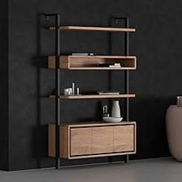 INMARWAR Bookshelf Wooden with 4 Shelves and 3 Doors | Book Shelf for Office, Living Room and Home | File Organizer, Storage Rack & Showcase Display Stand | Acacia Wood, Black Coated Metal, Natural-picture-26