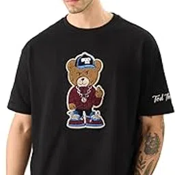 the souled store Ted The Stoner: Baby Terry Men and Boys Short Sleeves Round Neck Black Towelling Patch Cotton Oversized T-Shirts-picture-8