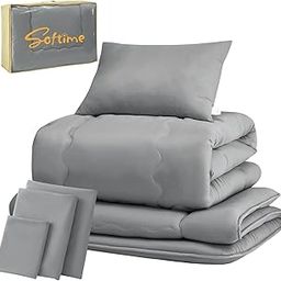 Softime Semi-Double Comforter Set, 7-Piece Set, Filled 4.0 lbs (1.8 kg) Comforter, High Density Solid Cotton, Triple Layer Matton, Fluffy Pillow, 3 Covers, Convenient Storage Case, Comforter Set for-13
