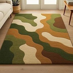 HOME FURNISHING Modern Abstract Area Rug, Hand-Tufted Wool, Multicolour Green and Brown Pattern, Living Room Carpet (2X3)-image-52