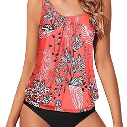 Womens 2 Piece Blouson Tankini Swimming Costumes Swimsuits Floral Bathing Suit Tops Swimming Shirt Modest Swimwear Red Floral L-image-35