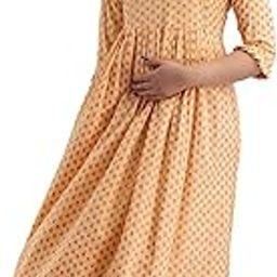 Women's Rayon Beige Butti Printed Maternity Dress Pregnancy Casual 3/4 Sleeve Dual Zipped for Feeding Nursing Maternity Comfort Dress Kurta-18