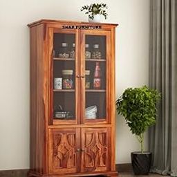 Solid Wooden Crockery Cabinet for Kitchen & Dining Room |sheesham Wood Free Standing Movable Tv Unit Side Board Cabinet with Drawers & Door (Calssic-Honey Finish02--10