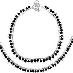 Traditional Silver-Plated Anklets with Black Beads and Bells, Payal Set for Women, 2 Pieces-51