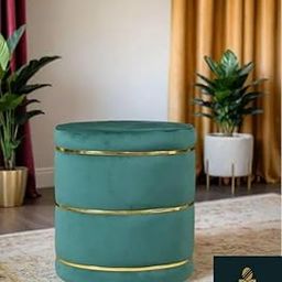PLUSHWOOD Pouffes Sitting Stool for Living Room, Mudda Puffy Wooden Ottoman Stools, Pouffe Footstool, Pouf for Office Home Decoration & Dressing Table, 16x18 Inch (Triple Golden TIE, Dark Green)-image-102