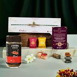 eCraftIndia Rakhi Gift Hamper | Om Peacock Feather Religious Designer Rakhi for Brother | Coorg Valley Blood Orange Flavoured Instant Coffee | Raksha Bandhan Greeting Card | Roli Chawal Pack-image-8