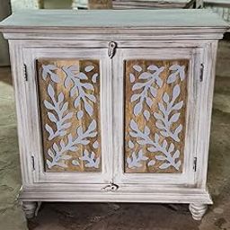 Vintage Wooden Cabinet with Leaf Pattern Doors Distressed Grey and White Finish, Handcrafted Solid Wood Storage Cabinet with 2 Shelves, Rustic Accent Furniture for Living Room, Bedroom-image-55