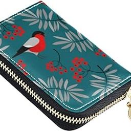 Bullfinch Birds Leaves Berries Blue RFID Credit Card Wallet, Microfiber Leather Zipper Card Case Holder for Women-image-81