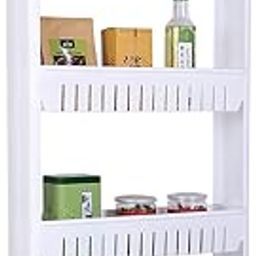 FLIPZON 4 Layer Multipurpose Floor Mount Plastic Storage Organizer Slim Rack Shelf With Wheels|Slim Slide Out Kitchen Trolley Rack Holder Storage Organizer For Kitchen,Bathroom(White,Tiered Shelf)-25
