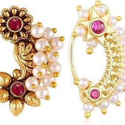 Vighnaharta Gold Plated Mayur Design with Pearl and Artificial stone Alloy Maharashtrian Cultural Nath Nathiya./ Nose Pin valentine day gift valentineday gift for her gift for him gift for women gift for women[VFJ1180-1067NTH-Press-Red]-image-45
