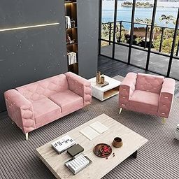 Fine Wood Art - Modern Chesterfield Sofa, Comfortable Cushions Tufted Back with Gold Accents, Gold Metal Legs Sofa and Couch for Living Room, Bedroom, Office. (Pink, 2 + 1 Seater)-image-39