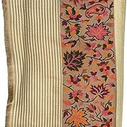 off-white stole with intricate floral Design and striped borders. Soft, lightweight and perfect for any occasion. Beige with Floral Border, Striped Pattern, Traditional Design-picture-26