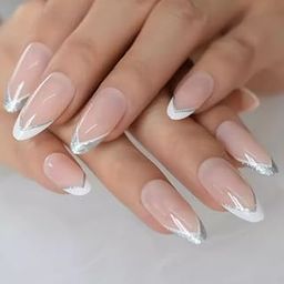 Classy Set of 24 Artificial Reusable Nails In Silver Glitter With Manicure Design With Glue-65