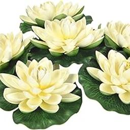Sunm Boutique Artificial Floating Foam Lotus Flowers, Artificial Water Lily Pads, Lotus Lilies Pad Ornaments for Patio Koi Pond Pool Aquarium Home Garden Wedding Party Garden Decor, 6Pcs, Ivory-image-36