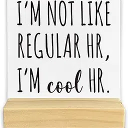 QASHWEY HR Gifts Office Desk Decor, Human Resources Gifts Wood Table Signs, HR Human Resources Office Decor, I'm Not Like Regular HR I'm Cool HR Wooden Plaque with Wooden Stand for HR Home Office-image-21
