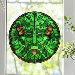 Green Man Face Round Stained Glass Window Film (24")-picture-11