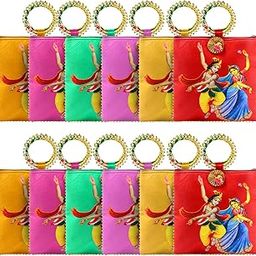 Women Potli Bags Pack of 12 | Gifting Potli with Zip & Bangle Handle | Traditional Shagun Return Gifts Potli for Mehandi, Haldi, Baby Shower, Wedding, Sangeet (Radha Krishna)-49