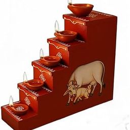 Mini Wood 5steps 4inches Diya Steps, Stand for Pooja Room and Festival, Diya for Diwali. [Pack of 1 Pieces] Agal vilaku Small Size steaps. [4 X12.5 inches, Hight.11 inchas] MDF Wood (Red)-34