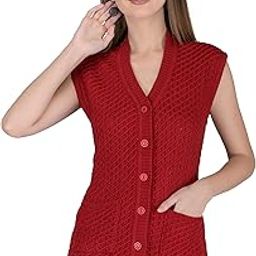 Women Woolen Sleeveless Self Design Cardigan - Daffodil Fabric Winter Wear, 100% Wool, Free Size, Fully Warm With Front Pockets (XXXL, Maroon), V-Neck-image-96