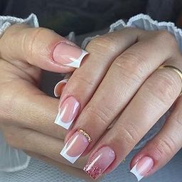 Secret Lives Glossy Reusable Artificial Fake False 24 PCS Set Press on Nails French Glitter with Pearls Design Combo with Kit-49