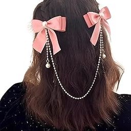 Pink Bowknot Hair Accessories Ribbon Hair Bows Boutique Hair Clips Full Lined Alligator Clips Pink Hair Accessories for GirlsDouble Layered Bowknot Hair Clip With Pearl Chain - Pink-image-13