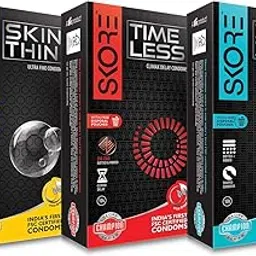 Skore Skin Thin Ultra Fine Condoms 10s and Timeless Climax Delay Condoms 10s with Disposal Pouches-image-45