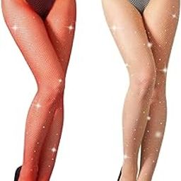 Sparkly Fishnet Stockings Pack of 2, Glitter Rhinestone Nylon High Waist Mesh Tights Pantyhose for Women and Girls -One size fits all -26"-36" Waist -STK170andSTK171-image-12