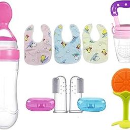 ROFORUF Infants Silicone Baby Food Dispensing Spoon Bottle 90Ml 1Pc, Fruit Feeder/Nibbler/Pacifier 1Pc, Fruit Shape Teether 1Pc, Finger Tooth Brush 2Pcs And Baby Bib 3Pcs (Combo Of 8) (Pink)-image-22