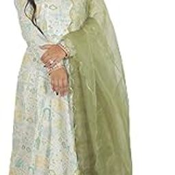 Designer Anarkali Gown with Dupatta, Pastel Floral Print, Sage Green Organza Dupatta, Embellished Neckline-image-7
