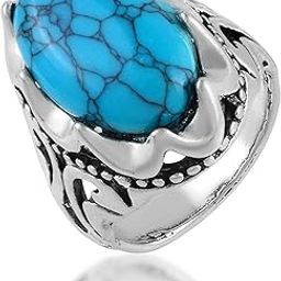 Antique Silver Plated Turquoise Firoza finger Ring, Large Natural Stone, Traditional Handmade (ORMI5634)-image-80