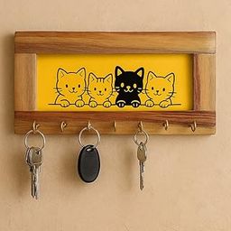 Wall Mount Key Holder with Kittens Print, 7 Hooks, Wooden Frame, Light Orange Background Display-image-26