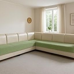 KINGLY Velvet Quilted L-Shape 7 Seater (4+3) Universal Sofa Protector – Premium Non-Slip Fit, Machine Washable Couch Mat for L-Shaped Sofa Set in Living Room (Green, 2pc Set – 23x27 & 90x27)-image-97