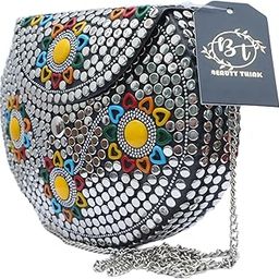 Designer Mosaic Clutch Purse, Metal Studded Evening Bag with Chain Strap, Multicolour Floral Pattern-image-45