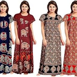 Nighty For Women Cotton Printed Maxi Gown Ankle Length Nighty Night Dress Gown For Women Maxi-Free Size (Pack Of 4), Assorted-image-29